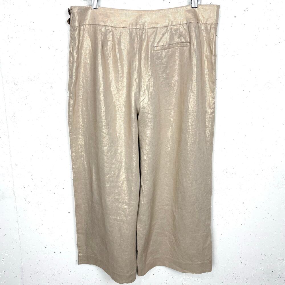 Talbots Womens Linen Cropped Wide Leg Pants Gold Flat Front Side Zip Size 12P - Picture 2 of 8